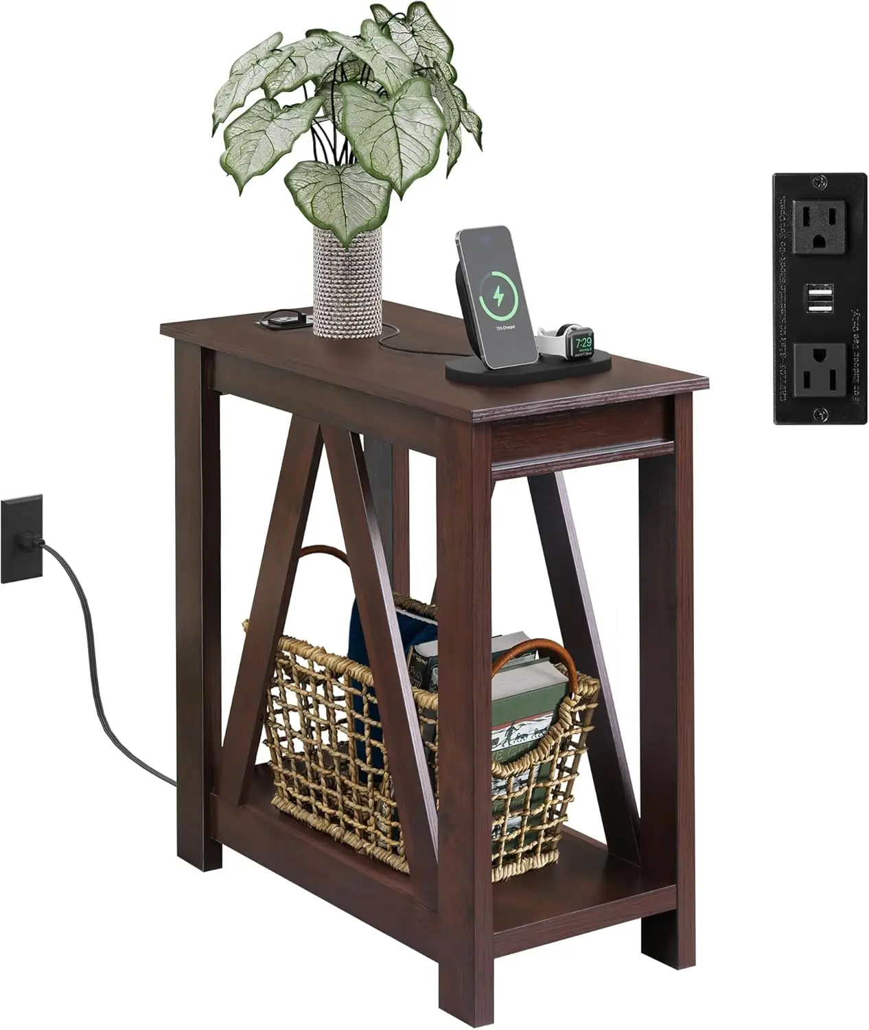 

Narrow End Table with Charging Station of Open Storage Shelf，Sofa Side Table with 2 USB Ports and 2 Power Outlets，Slim Farm