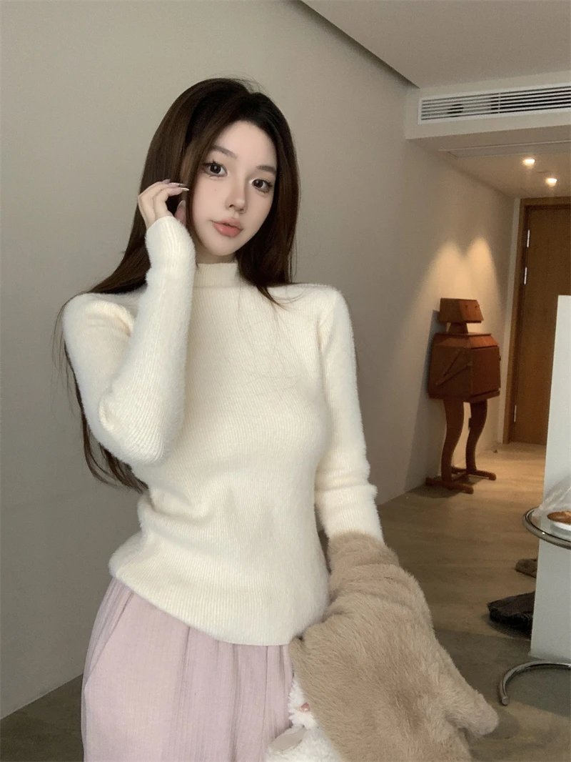 

Women's Thiened Fce Long Sve Knitted Sweater f High Collar Autumn Winter Warm Slim Fit Base irt Inner Wear Top