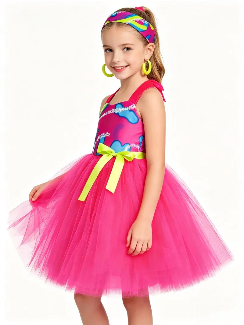 Halloween Girls Retro Bright Pink Tulle Tutu Dress Vintage 80s 90s Outfit with Accessories Kids Casual Daily Portrait Wear