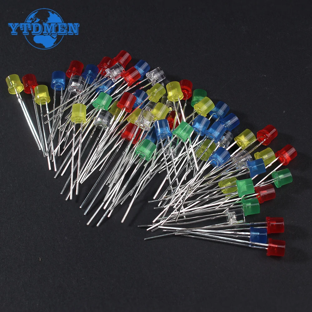 100PCS 5MM LED lighting LEDs Kit Red Yellow Blue Green White LED Diode assortment Package F5 Flat Led Lights Diodes Set