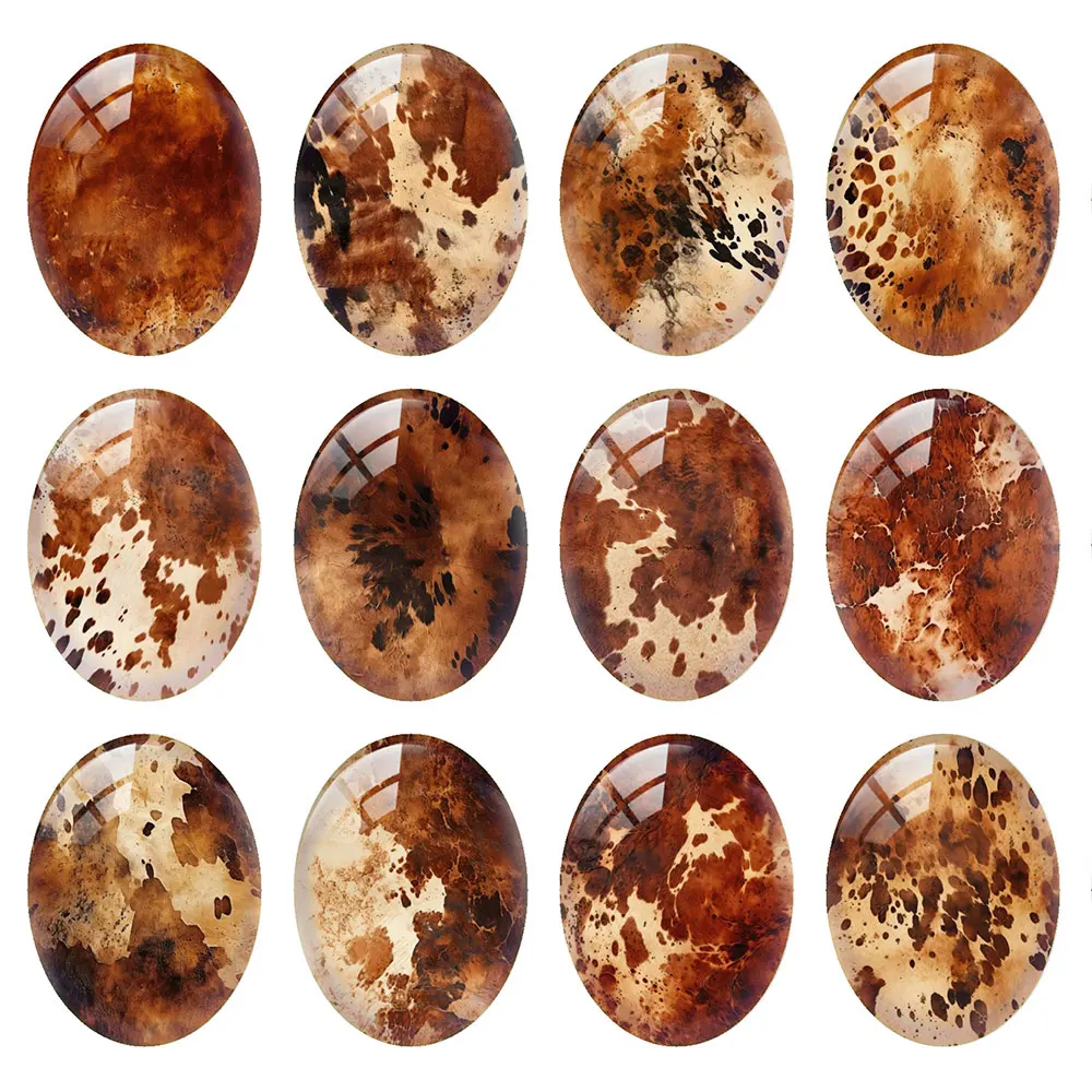 Random Mixed Round/Oval/Square Cow Leopard Print Western Leather Photo Glass Cabochon Flatback Demo Cameo For Diy Jewelry Making