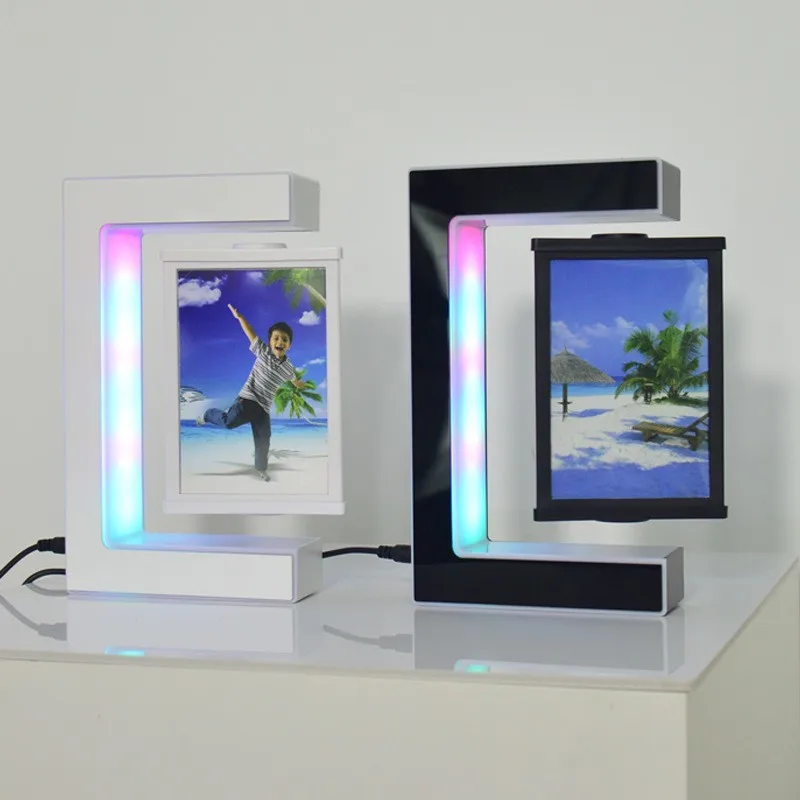 Magnetic Levitation Rotating Triangular Prism Picture Frame with Colorful LED Lights Floating Photo Frame for birthday gifts