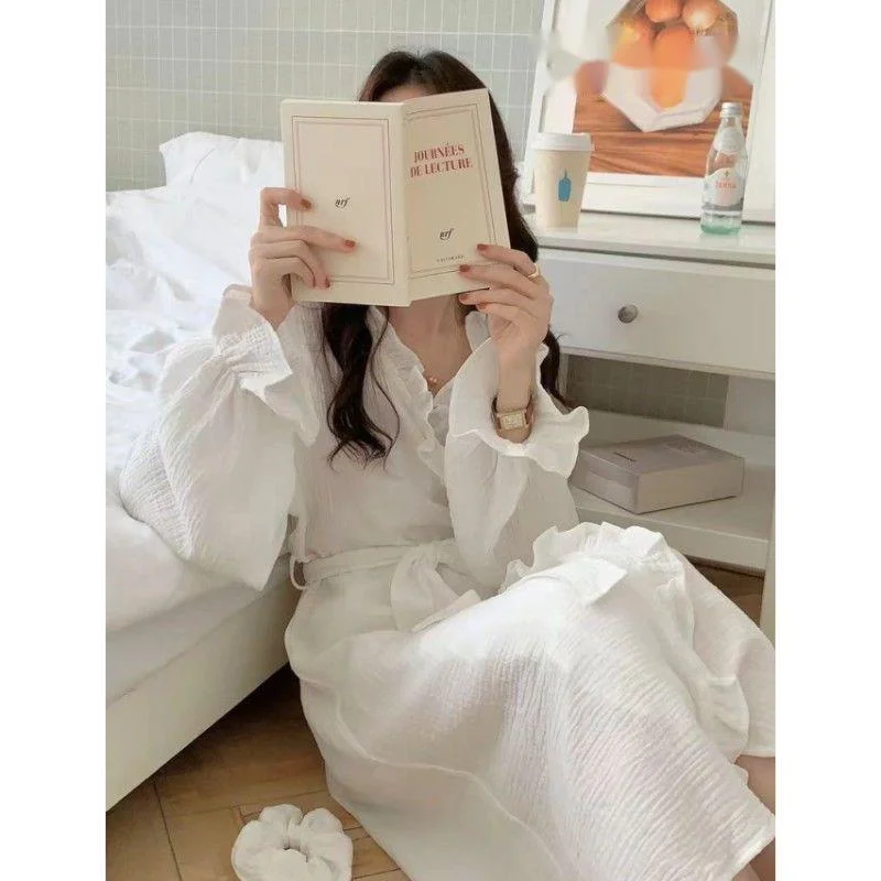 Bathrobe Women Ruffles Long Sleeve Korean Style Sweet Robe White Elegant Spa Lady Spring Autumn Home Dressing Gown Robes Pajamas