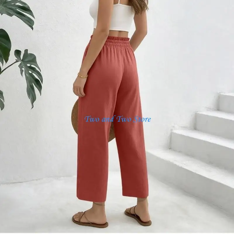 HX6F Cropped Linen Wide Leg Pants for Women Summer Casual Flowy Palazzo Pants High Waisted Beach Trousers with Pockets