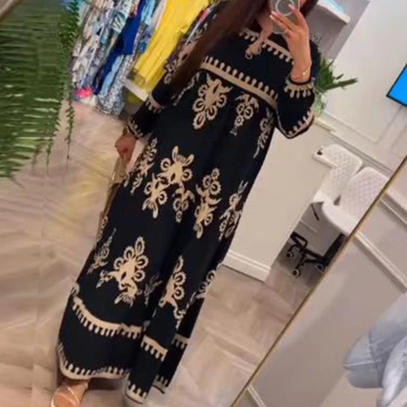 Ethnic Dresses for Woman Retro Geometric Print Party Maxi Dress Spring Lantern Sleeve V Neck Loose Bohemian Long Dress Vestidos