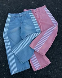 Y2k high-waisted jeans Women Harajuku Trend striped straight leg jeans Hip Hop retro streetwear couple baggy wide-leg pants