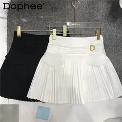 Preppy Style White Pleated A Line Dance Mini Skirts Women 2022 New Spring Autumn High Waist Pocket Stitching Puffy Short Skirt