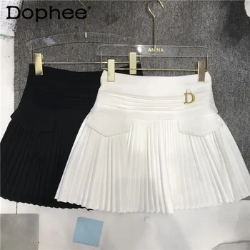 Estilo preppy branco plissado uma linha de dança mini saias femininas 2022 nova primavera outono cintura alta bolso costura inchado saia curta