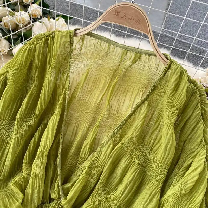 Chemisier court en mousseline de soie pour femmes, Sexy, transparent, manches Super longues, violet/vert/noir/blanc, plis, hauts de fête, nouvelle collection 2022