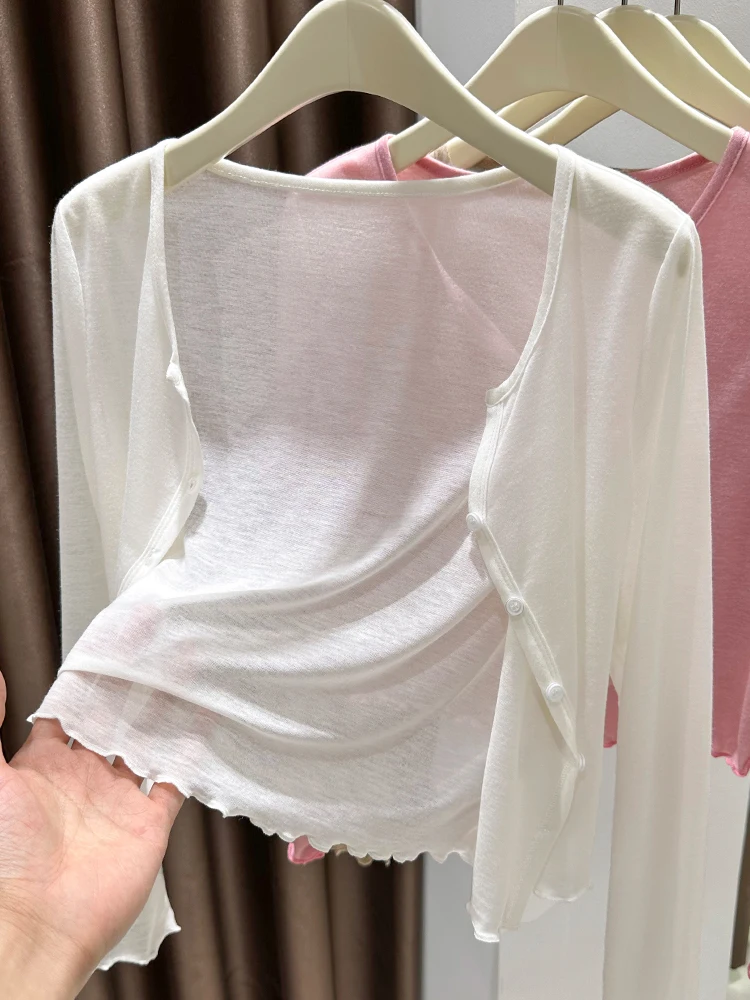 

Белый легкий вязаный кардиган из ледяного шелка для женщин, летний топ с бретельками, жилет, верхняя одежда для кондиционированных помещений