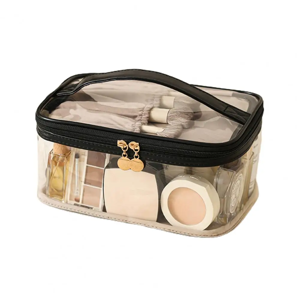 Fashion Transparent Makeup Cosmetic Bag With Handle Large Capacity Double Layer Makeup Bag Toiletry Zipper Bag