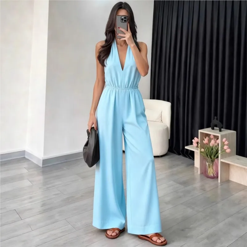 

Temperament Women's Basic Solid Color Jumpsuit Summer Fashion Sleeveless V-neck Chic High Waisted Jumpsuits Ladies Office Romper