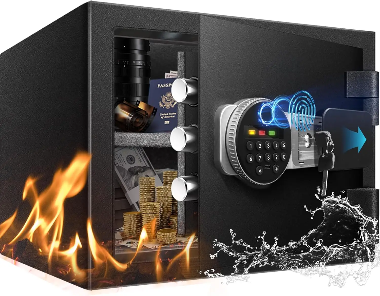

Огнестойкий сейф 2,0 куб. фута для дома, сейф с биометрическим замком по отпечатку пальца, цифровая клавиатура, съемная полка и ключи, дом и