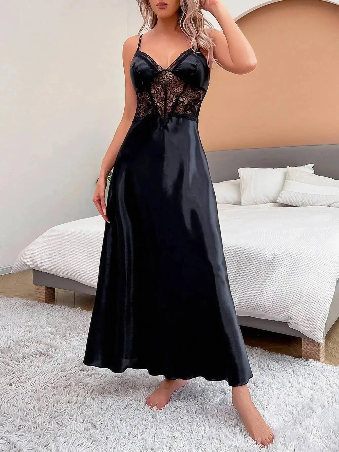 Satin Patchwork Lace Slimming Elegant Dress Style Loungewear  Solid Color Backless Deep V Suspenders Sleeveless Long Dress 1KII