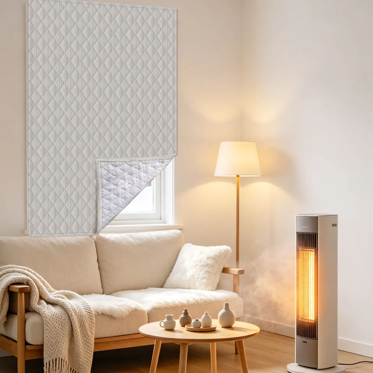Diamond Quilted Thermal Cold Blocking Curtain, Magic Tape No Drill Insulated Small Window Shade for Living Room Bedroom Warm Hom