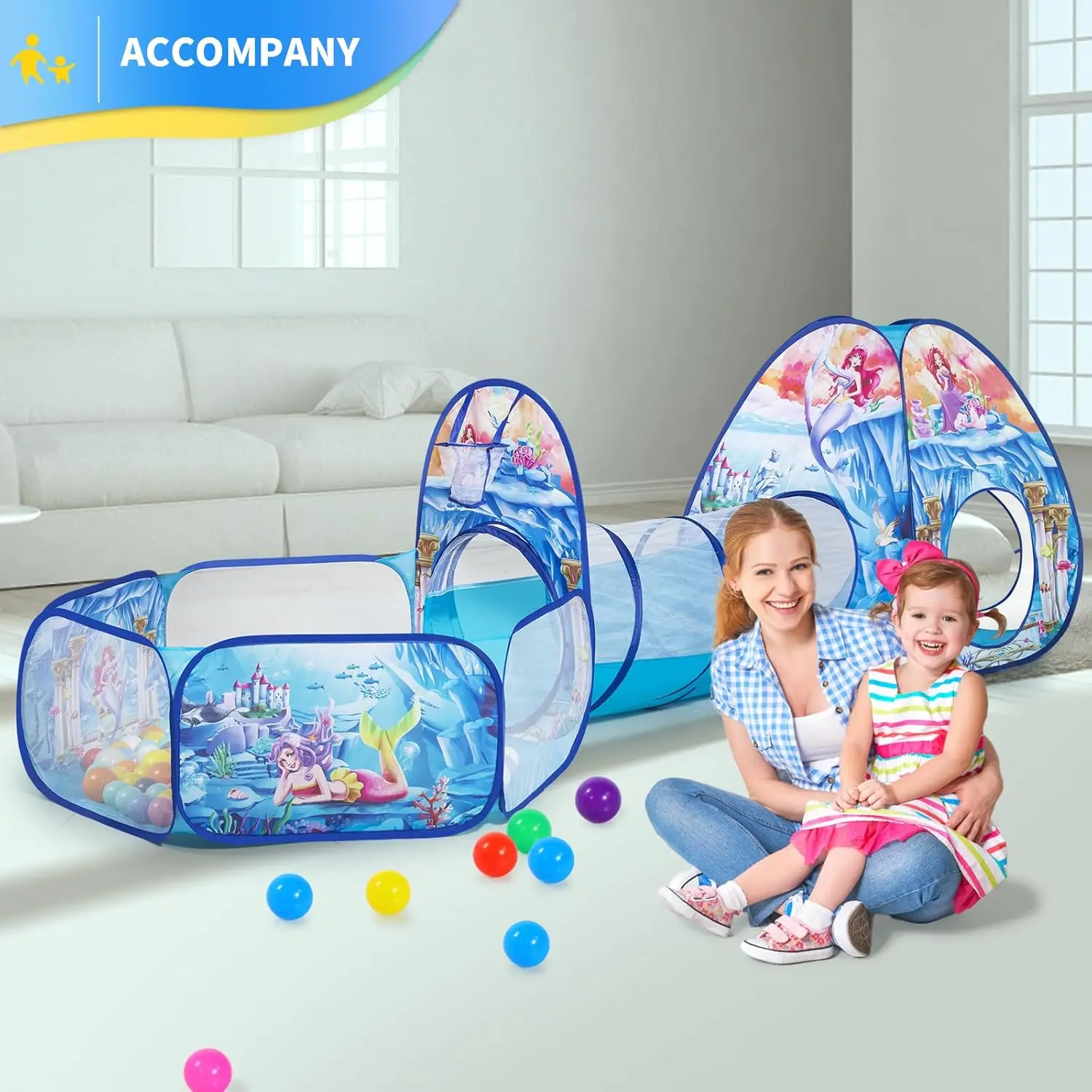 3-in-1 Meerjungfrau-Kinderspielzelt mit Spieltunnel, Bällebad, Basketballkorb für Jungen und Mädchen, Pop-Up-Spielhausspielzeug für Kleinkinder für Bab