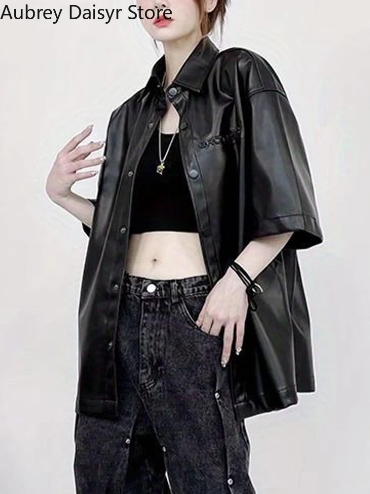 Jaqueta de couro preto para mulheres, blazer grande, streetwear coreano, manga curta, moda de rua alta, tendência, couro falso