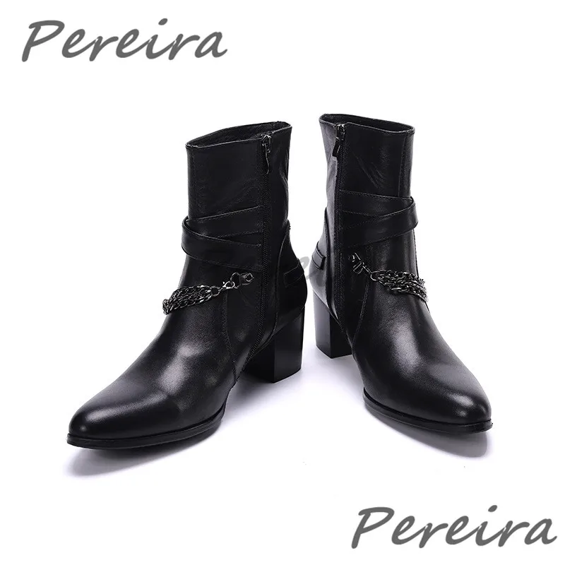 

Модные мужские высокие ботинки, черные короткие ботинки с пряжкой на ремне и цепочкой на молнии, дизайнерская повседневная деловая обувь на высоком каблуке с острым носком
