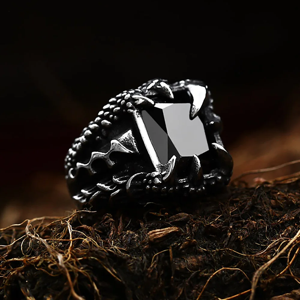 Punk Vintage Vikings Dragon Claw Ring 316L Stainless Steel Black Skull Claw Crystal Rings For Men Women Party Jewelry Wholesale