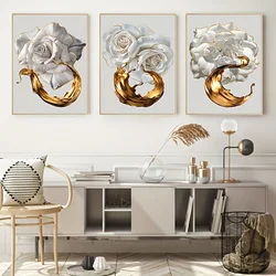 Gold Edge White Flower Canvas Art Painting Abstract Ink Splash Posters and Prints Living Room Decorative Picture Home Wall Decor