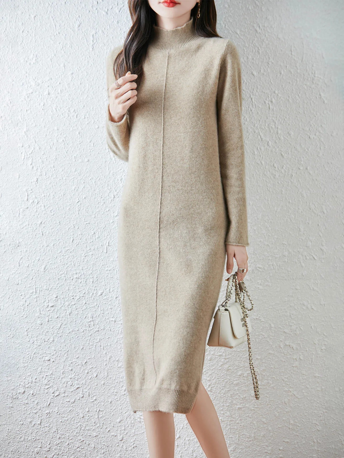 

Платье-водолазка из 100% мериносовой шерсти, женское осенне-зимнее вязаное длинное платье длиной до колена, женская одежда, новый стиль 2023 г.