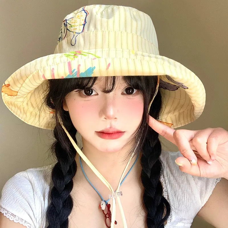 

New Cute Cartoon Graffiti Bucket Hat Men and Women Spring and Summer Sunshade Windproof Lace-up Big Eaves Foldable Trend Sun Cap