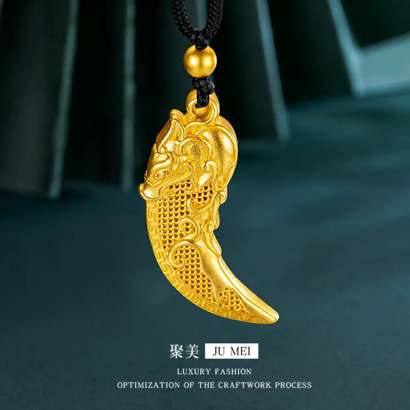 

Luxury 24K 9999 Pure Gold real gold Men's and Women's Hollow Wolf Tooth Pendant Transfer Beads Black Rope Necklace