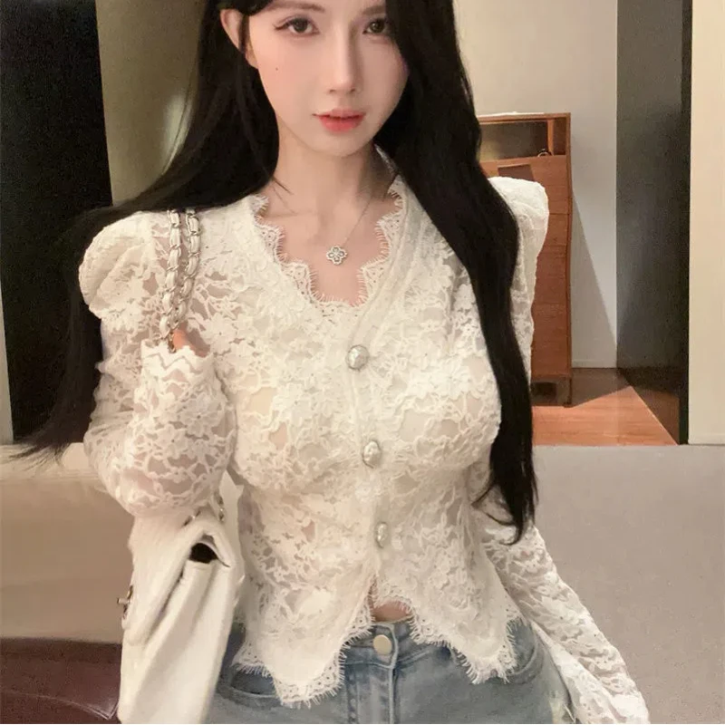

Lace Lace Sexy Pure Desire with Velvet Lace Base Top Women's Outerwear Slimming Design Small Shirt