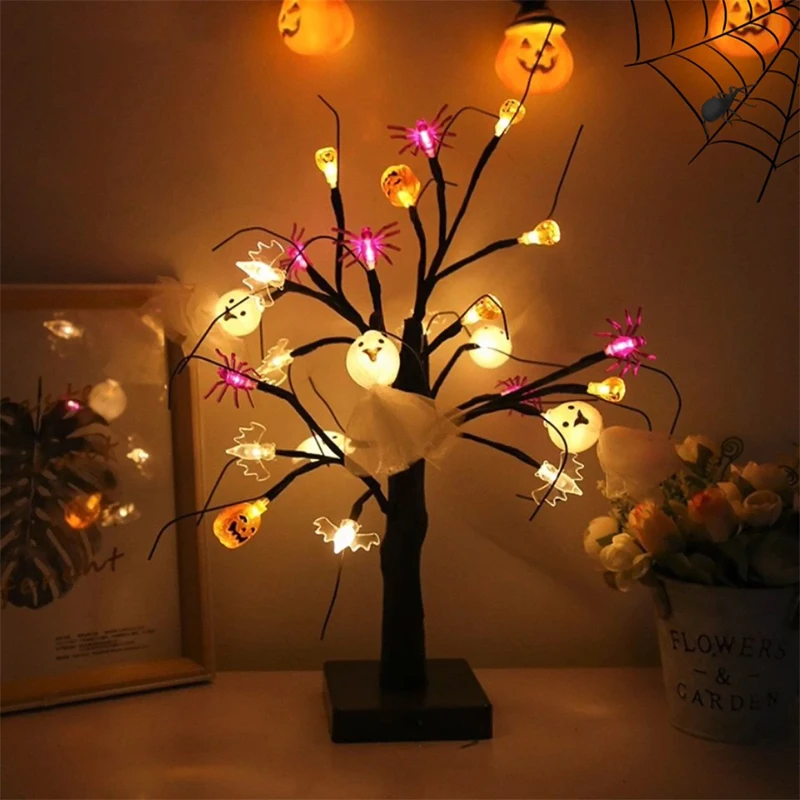 Halloween LED Tree, Holiday Atmosphere Light with Spider Ghost, for Party, Family, Friends, House, Office  Decor