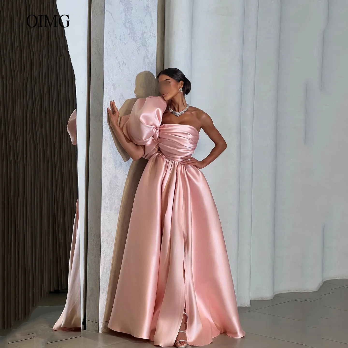 

OIMG Satin Puff One Shoulder A Line Prom Gowns Backless Formal Party Gown Side Slit Floor Length Evening Dress Customized