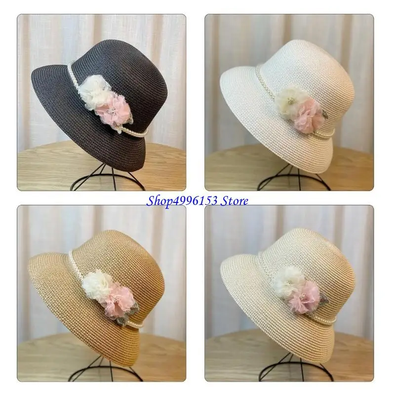 

Q0KE Соломенная шляпа в стиле вестерн Элегантная дышащая соломенная шляпа с жемчужной цепочкой и широкими полями