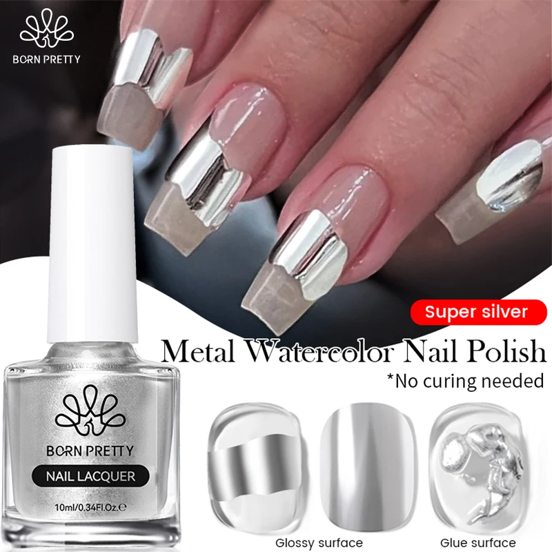 BORN PRETTY Silver Metal Watercolor Nail Polish Ink Natural Air Dry Clear Blossoming Effect Gradient Ink for Diy Marble Nails