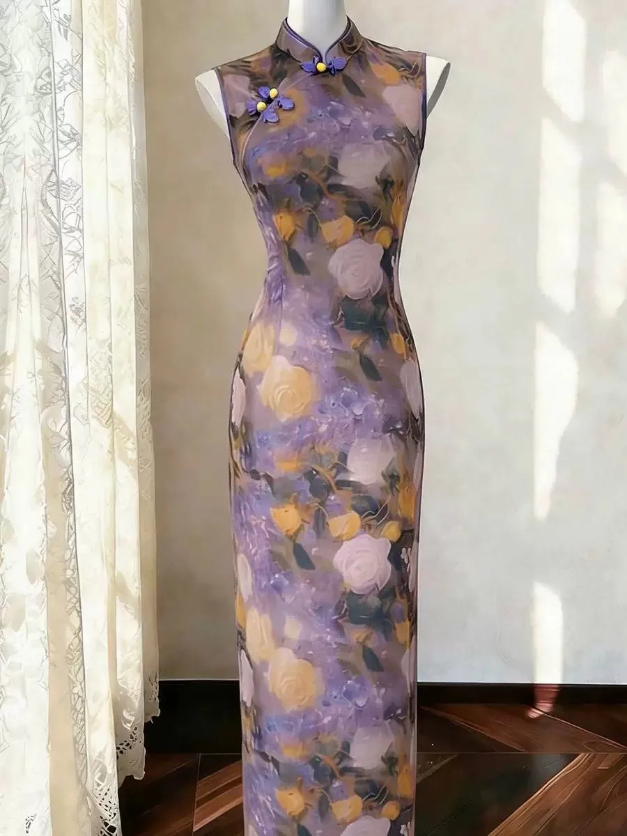 Nuevo Vestido Sin Mangas Estilo Chino Primavera Verano 2026 Morado de Una Sola Capa con Cremallera Trasera, Estilizador, Blan...