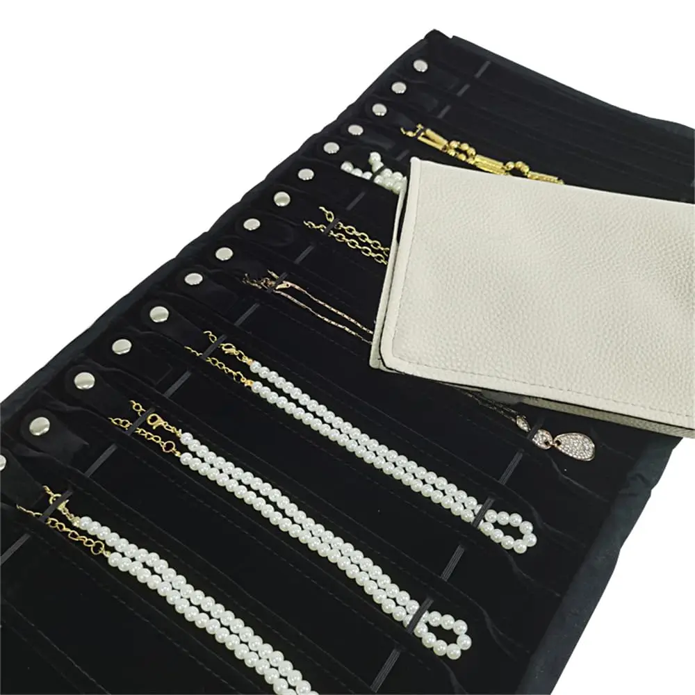 حقيبة تخزين للسفر على شكل قلادة آمنة غير قابلة للتشابك، حامل 16 سلسلة (بولي يوريثان رمادي ومخمل أسود) #4