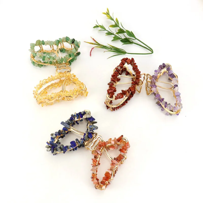 

Colorful Natural Crushed Stone Crystal Butterfly Geometric Hairpin Metal Grab Hair Claw Woman Girl Styling Barrettes Headdress