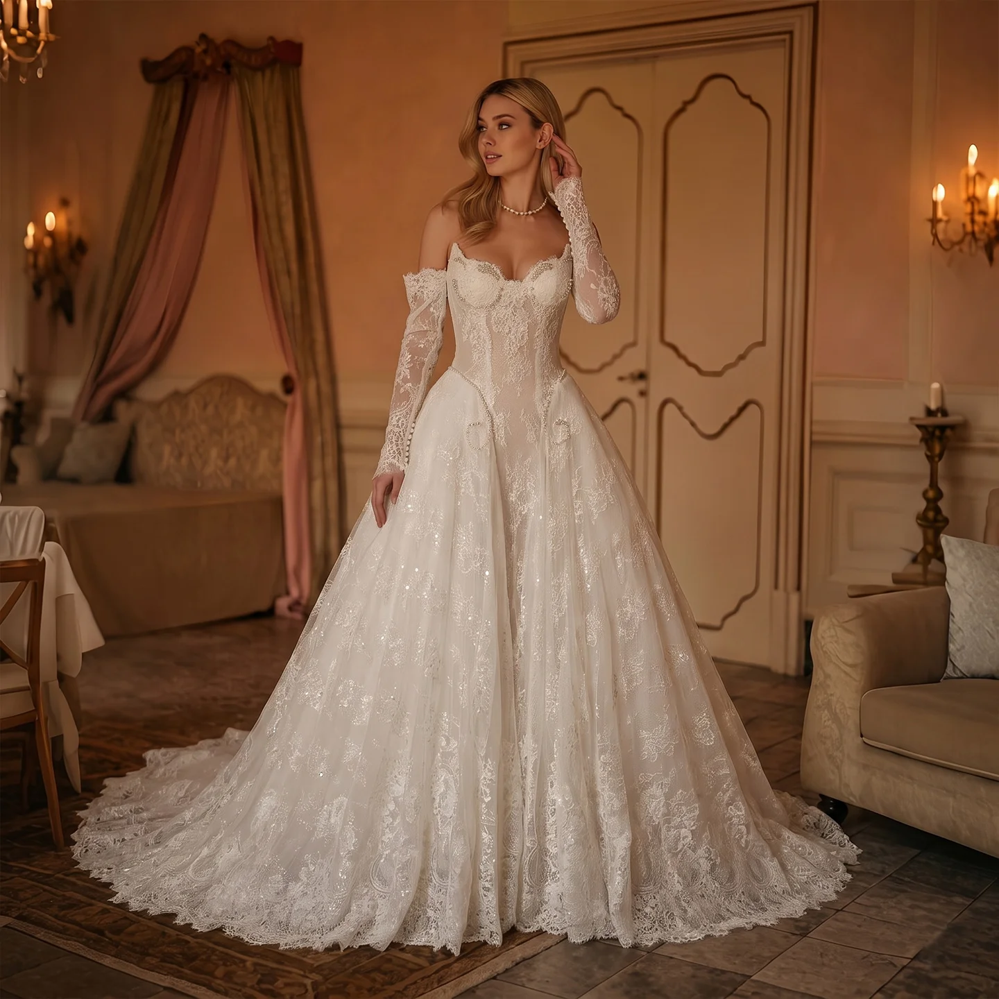 Sheer Fairy Wedding Dress Luxury A-Line Off Shoulder Pearls Button Dubai Engagement Bridal Gowns with Big Train SW715 Customized