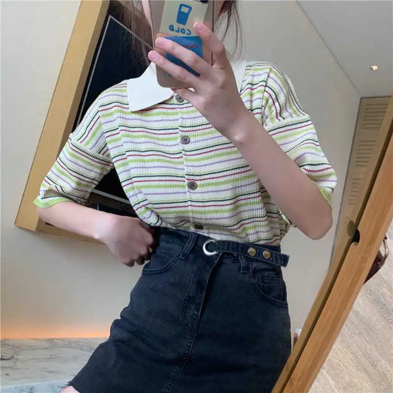 T-shirts Women Striped Panelled Single Breasted Korean Style T-Shirt Trendy Popular Leisure All-match College Students Summer