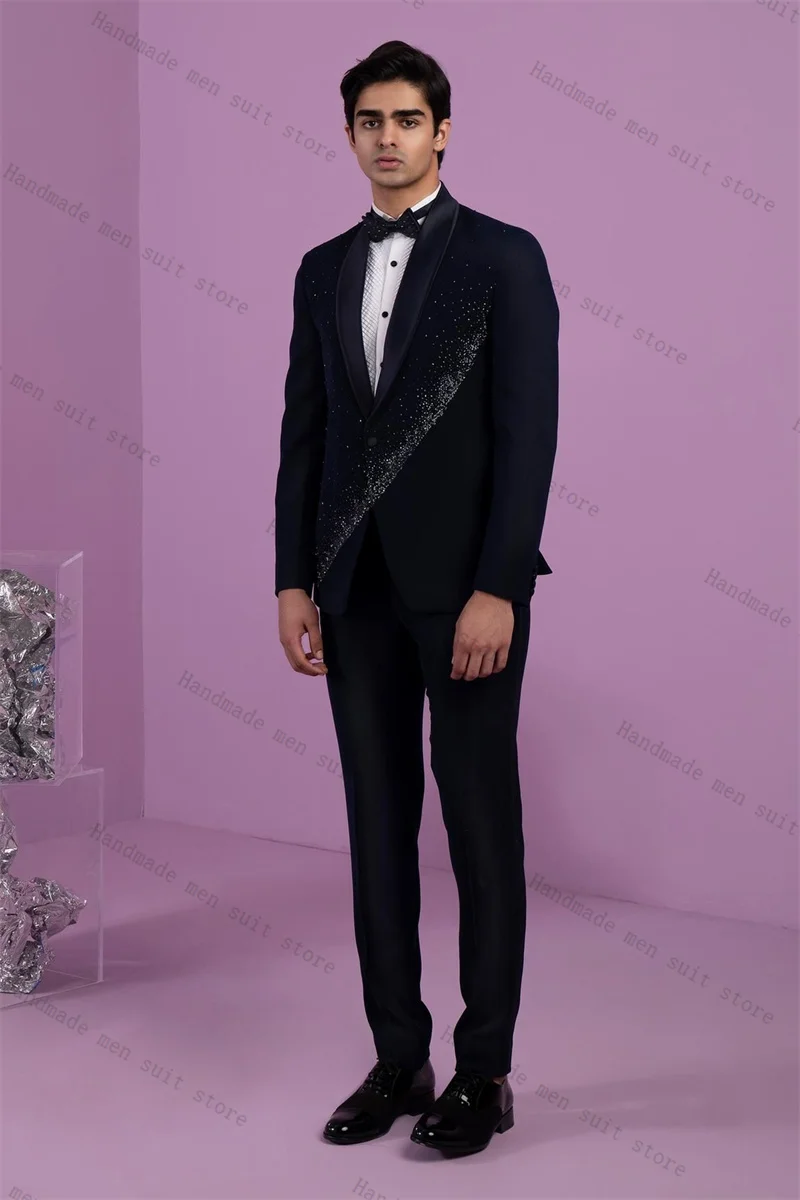 

Black Men Suit Set 2 Piece Beaded Blazer+Pants Wedding Tuxedos Stand Collar Coat Cotton Customized Formal Office Business Jacket