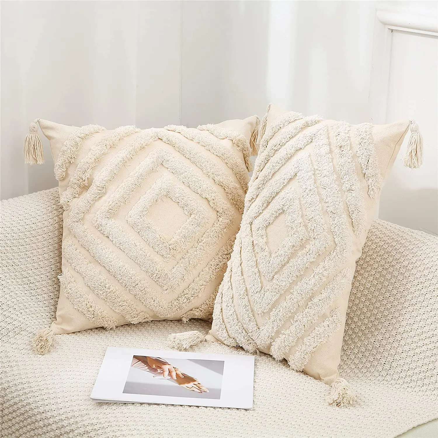 Geometric Tufted Decorative Pillow Cover with Tassel Living Room Sofa Cushion Cover Retro Boho Style 100% Cotton Funda Cojin