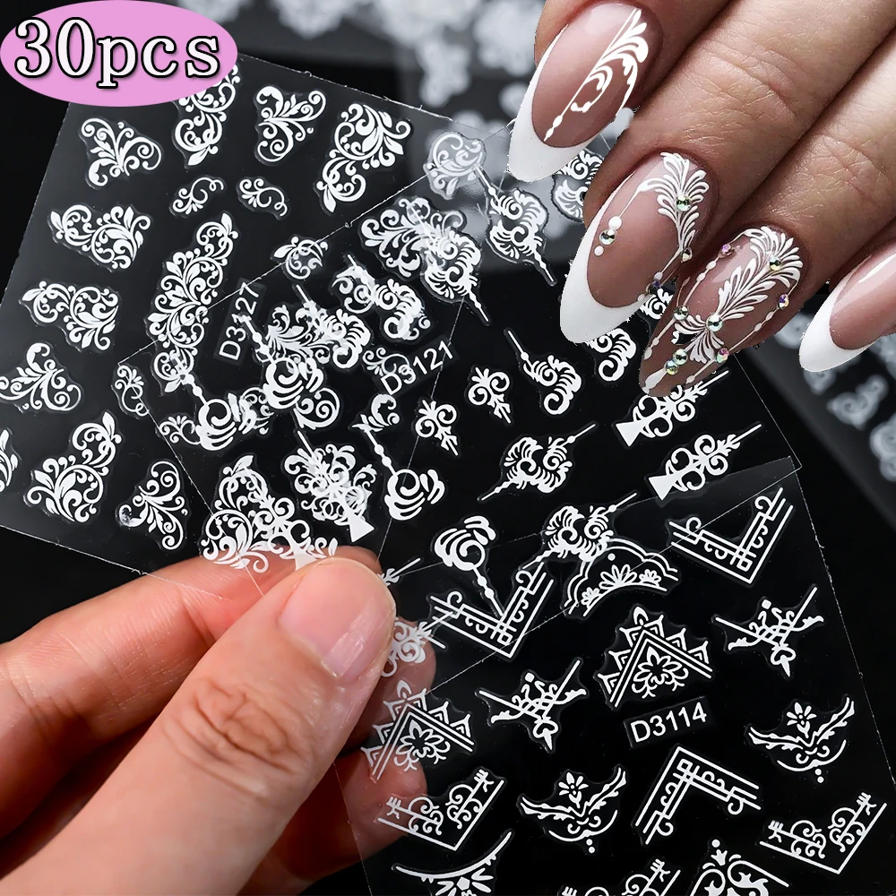 30Pcs Acrylic Flower White Lace Wedding Nail Art Stickers Elegant Floral Petal Leaf Embossed Adhesive Sliders Y2K Manicure Decal