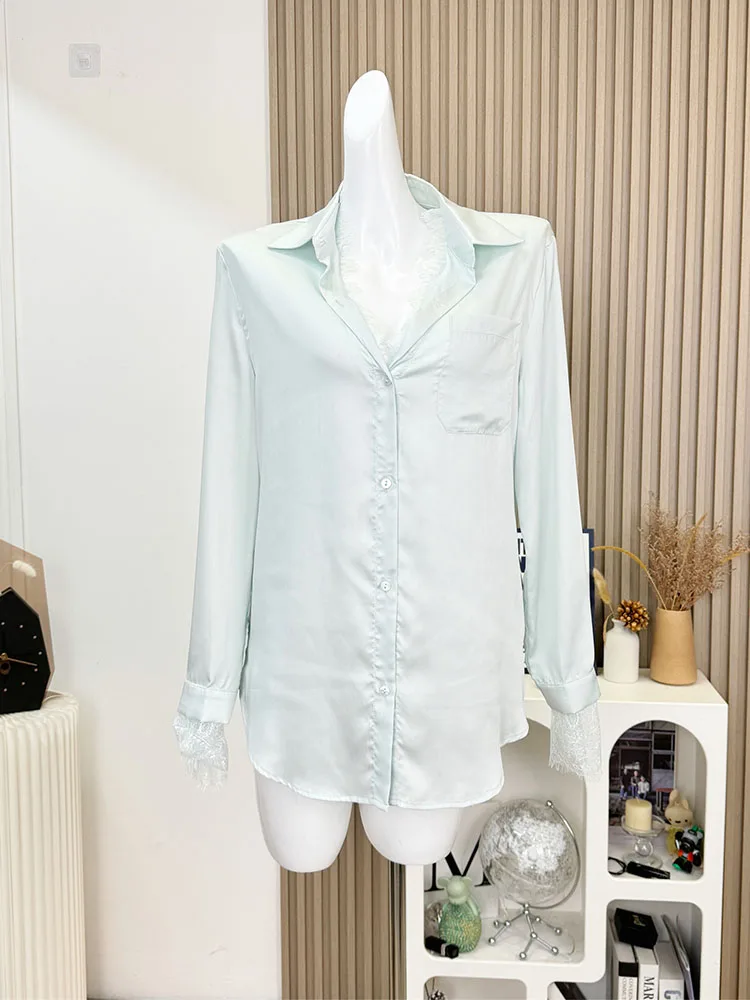 Autumn 2024 New Design Light Green Loose Long Sleeve Shirts Office Women Fashion Cozy Straight Tops Classical Polo-Neck Blouses