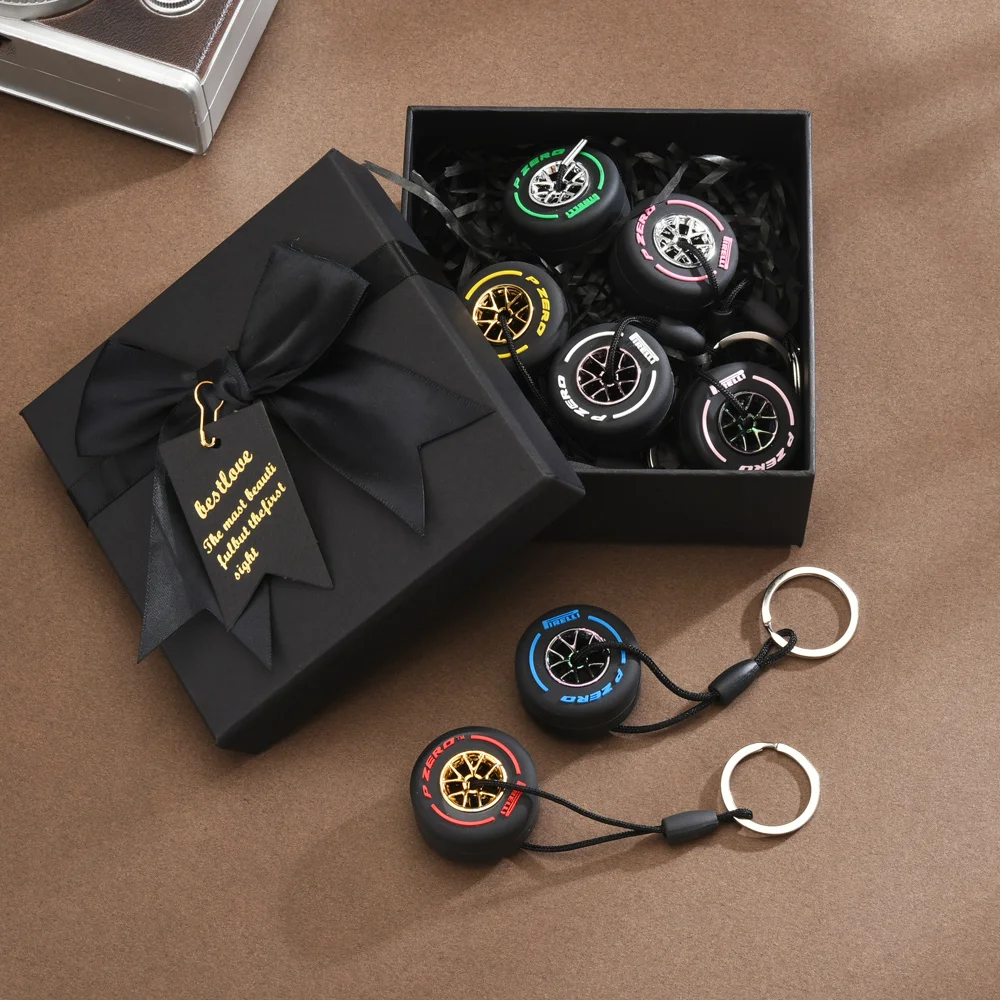 Gift Box + 7 color F1 Tire Keychains Charm Luxury Racing Type Tire Pendant Set  Racing Lovers Collectibles Unisex Car Key Ring