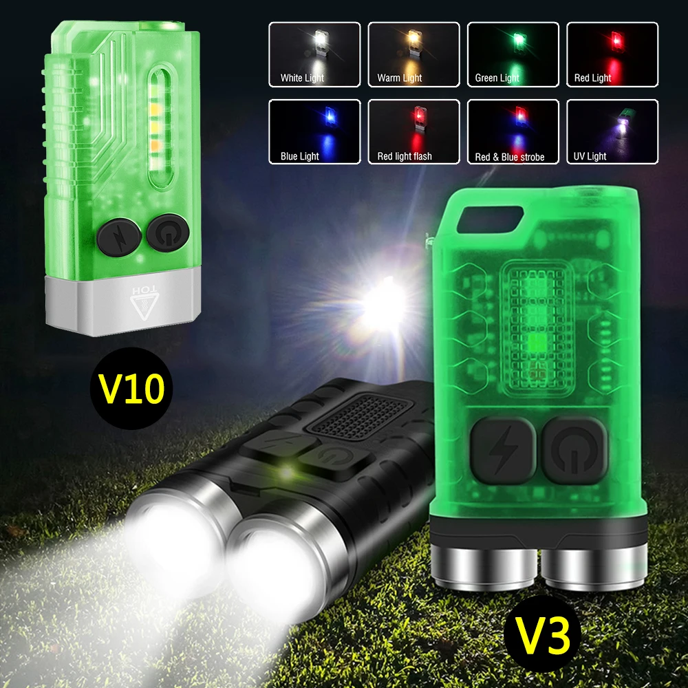 V3/V10 MINI LED Flashlight Fluorescence Keychain Light Portable Super Bright Torch TYPE-C USB Charging Emergency Work Light