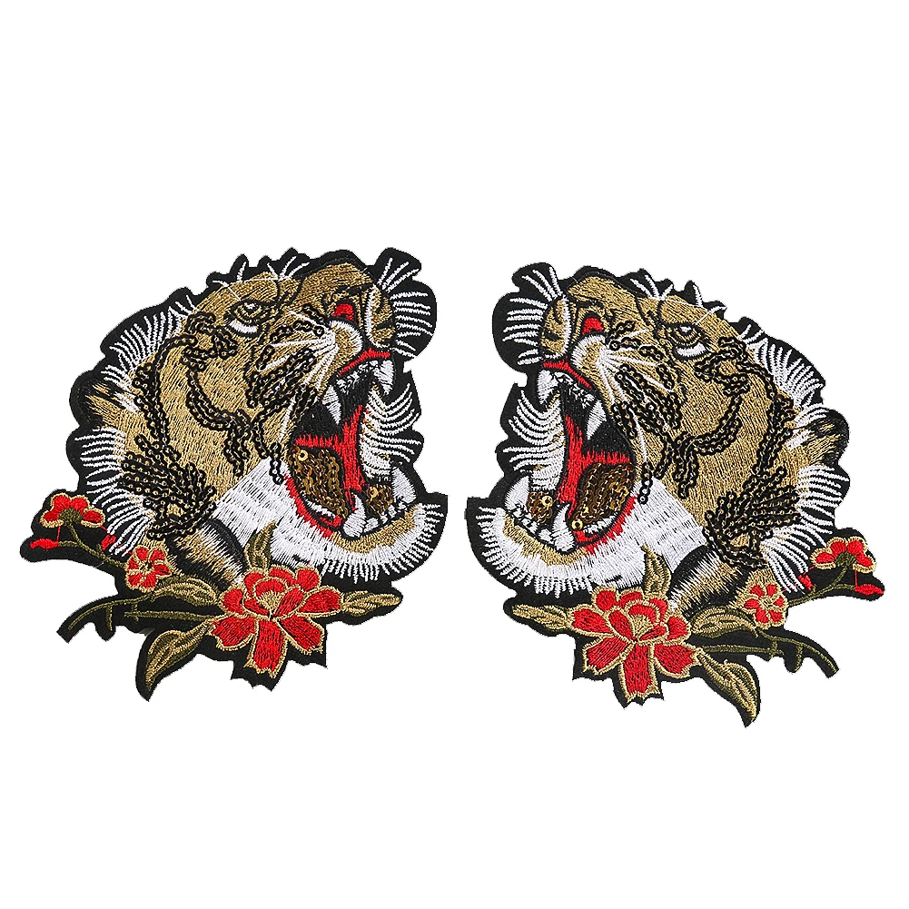 1 Pair Flower Tiger Head Patches Animal Fabric Appliques Embroidery Sequins Iron on Patch for Clothing Badges Clothes Stickers