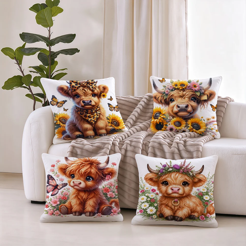Highland Cow Baby Flower cushion cover Square Office Bedroom Headboard Sofa Living Room Backrest Cushions Sleeping
