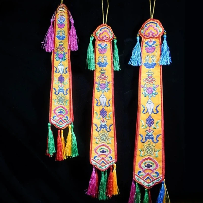 Nepal Handmade Eight Blessings Banner Traditional Embroidered Auspicious Hand Drum Banner Praying Blessings Worshipping Buddha