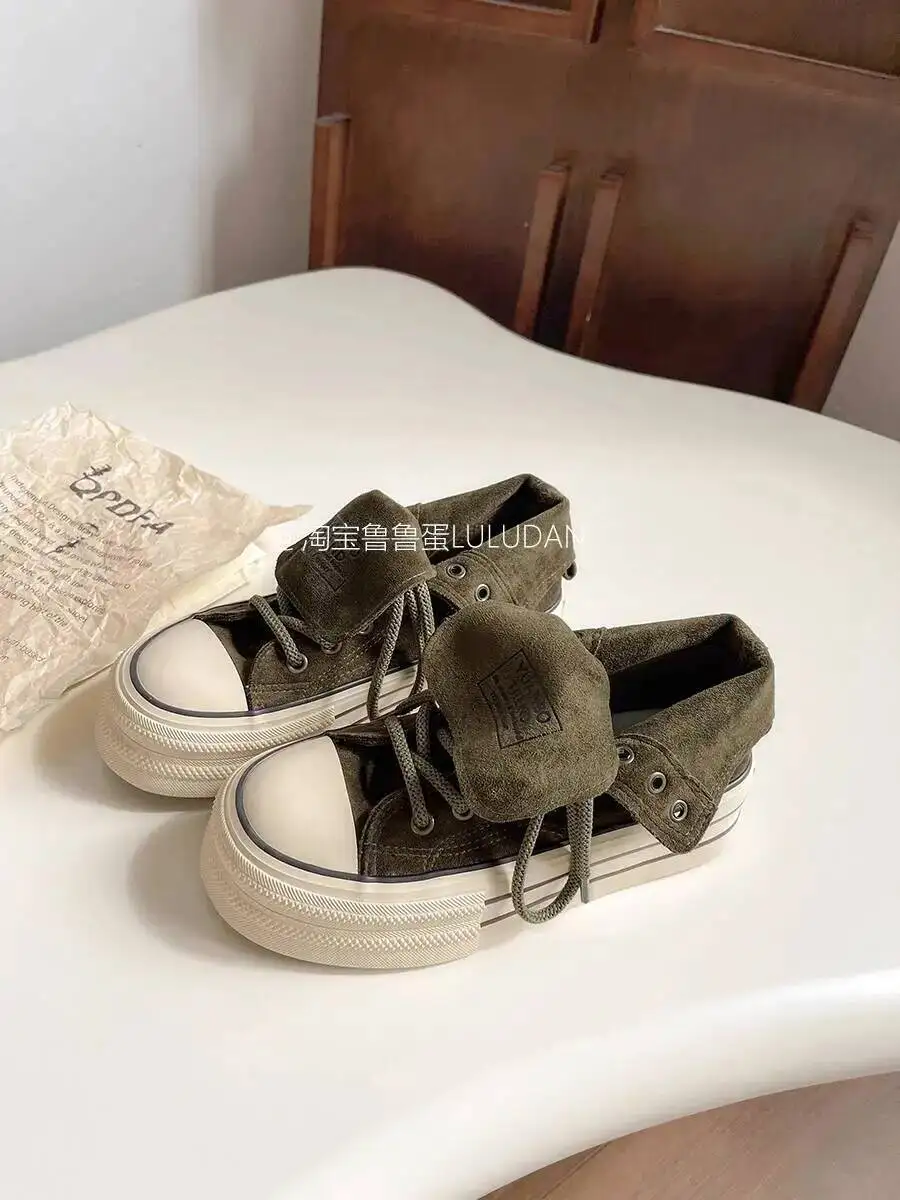 2025 New Women's Thick Platform Canvas Shoes Niche Retro High-Top Shoes Spring Autumn Versatile Casual Sneakers Canvas Shoes