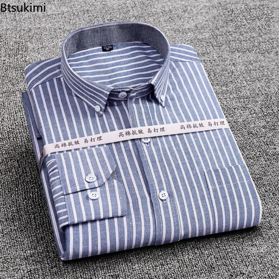 Camisas Oxford de algodão listrado de manga comprida masculina, Clássicas, Xadrez, Slim, Roupa formal, Casual, Grandes dimensões, Moda social, 2024