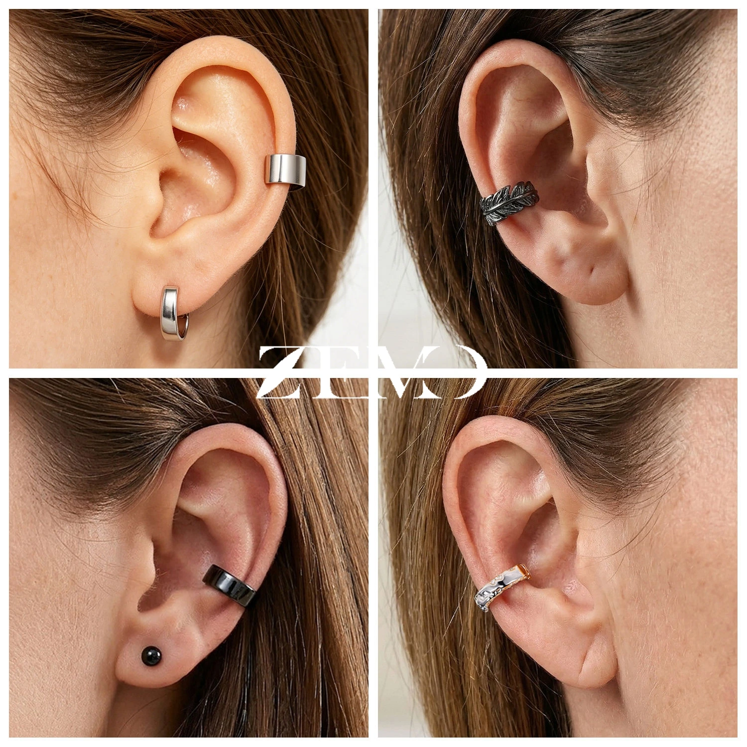 ZEMO 1PC Punk Clip-on Earrings For Women Men Hip Hop Ear Clip Feather Non Piercing Ear Clicker Cartilage Earrings Jewelry 8/10MM