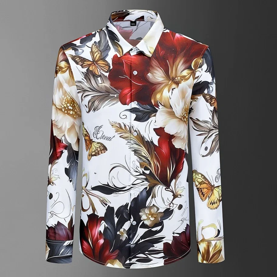 2025 Fashion Luxury Rhinestone Flower Shirt Men's Long Sleeve Casual Slim Shirt Retro Social Party Dress Business Formal Shirt